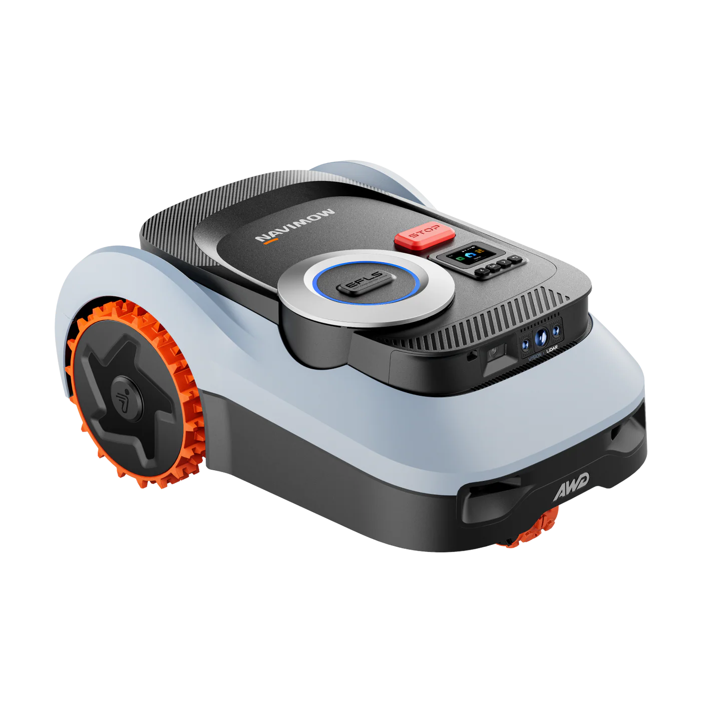 Segway Navimow i210E LiDAR Pro robotic lawn mower featuring orange all-wheel-drive off-road wheels, top-mounted control screen, and VisionFence camera module.