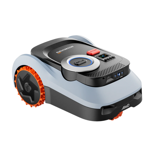 Segway Navimow i210E LiDAR Pro robotic lawn mower featuring orange all-wheel-drive off-road wheels, top-mounted control screen, and VisionFence camera module.
