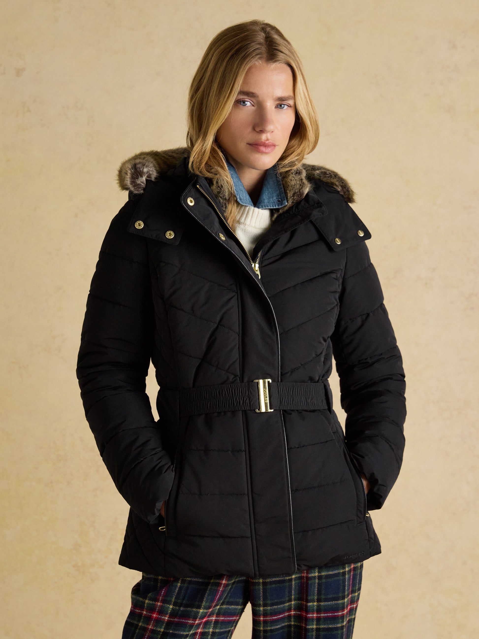 Joules Aspen Showerproof Padded Coat with Faux Fur Hood – Sam