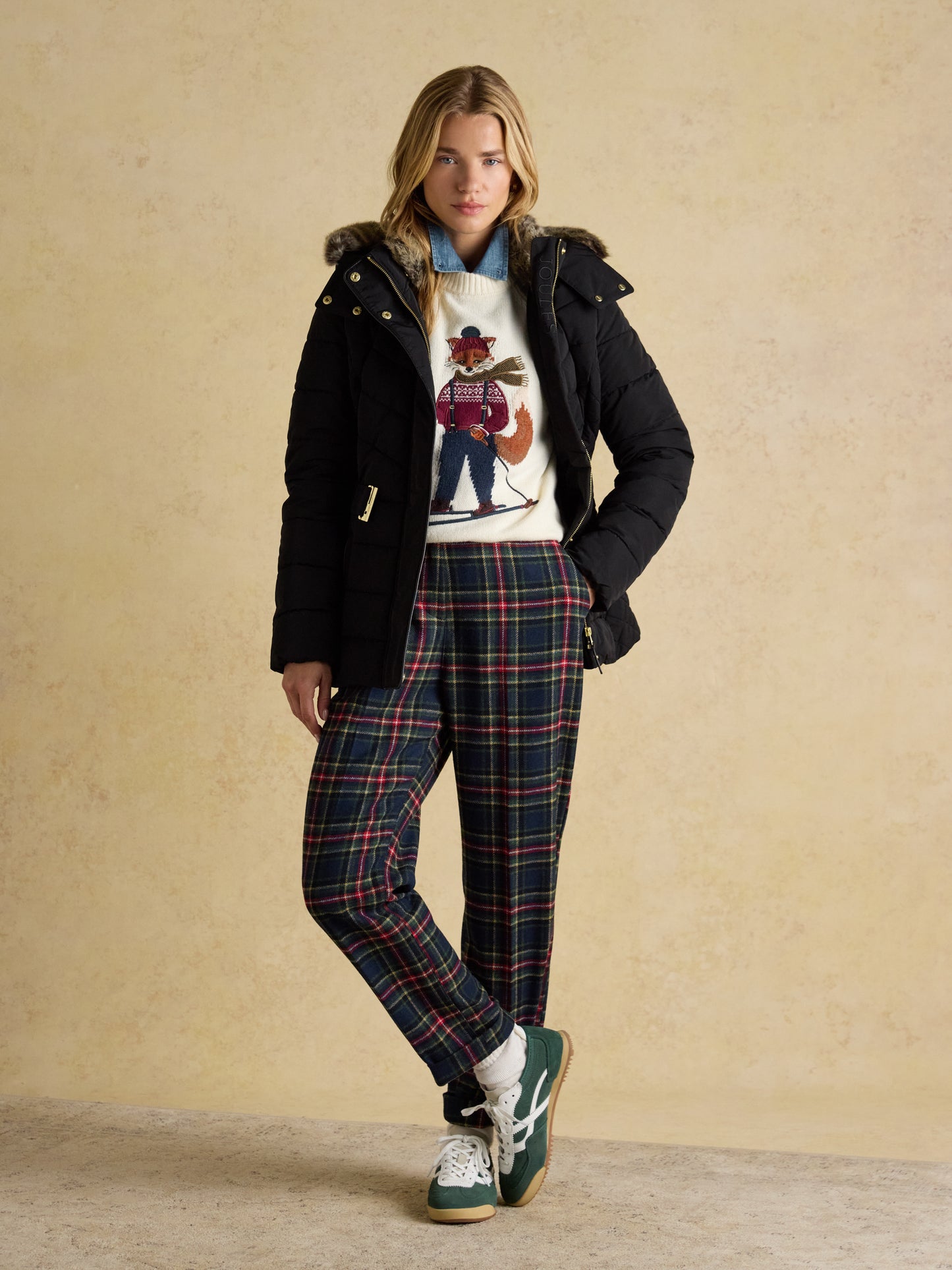 Joules Aspen Showerproof Padded Jacket with Faux Fur Hood