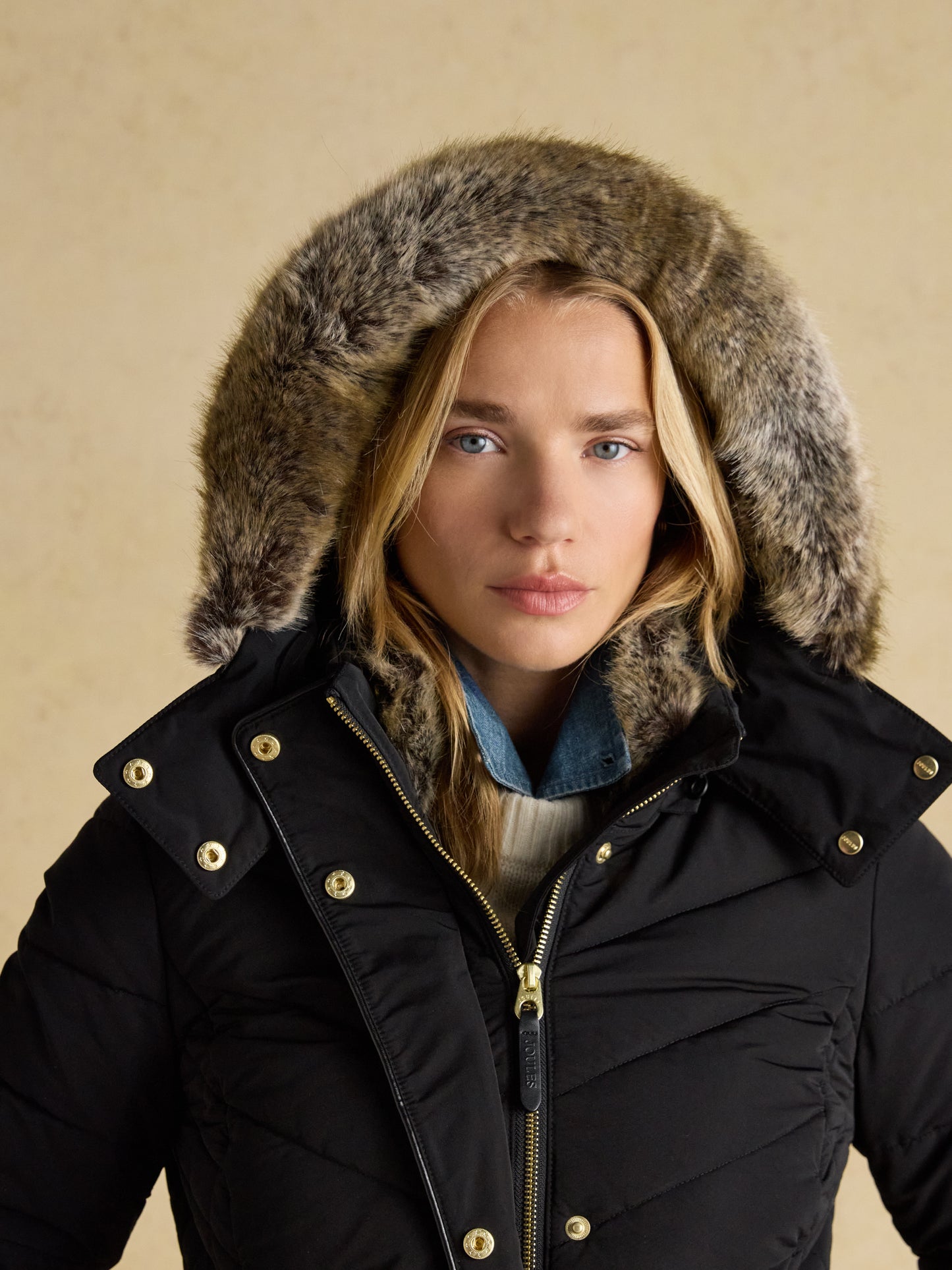 Joules Aspen Showerproof Padded Jacket with Faux Fur Hood