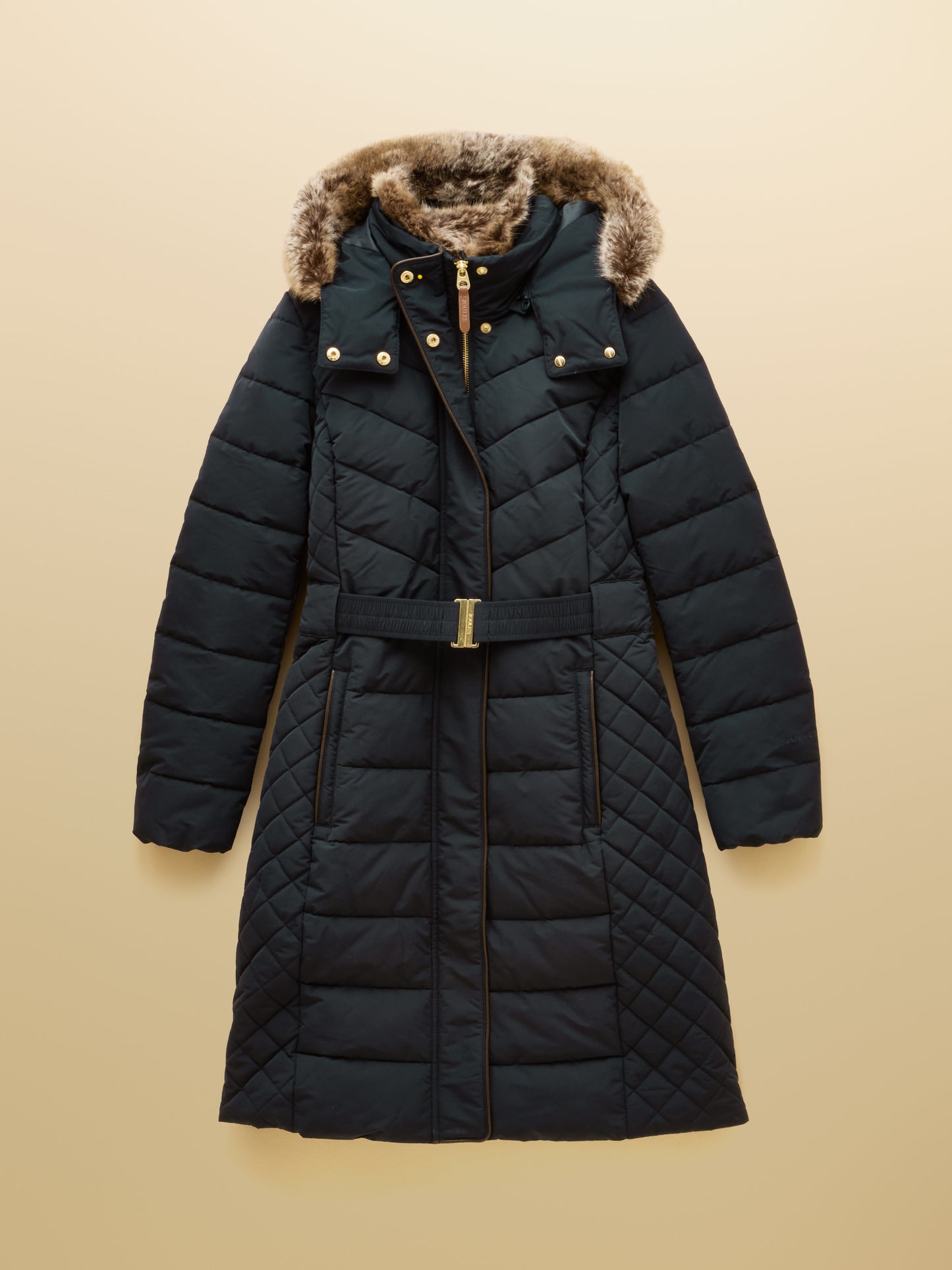 Joules Aspen Showerproof Longline Padded Coat Faux Fur Hood