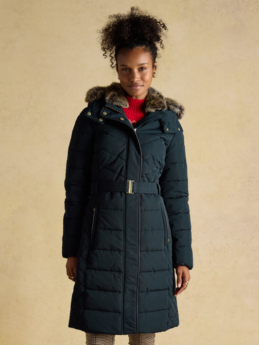 Joules Aspen Showerproof Longline Padded Coat Faux Fur Hood