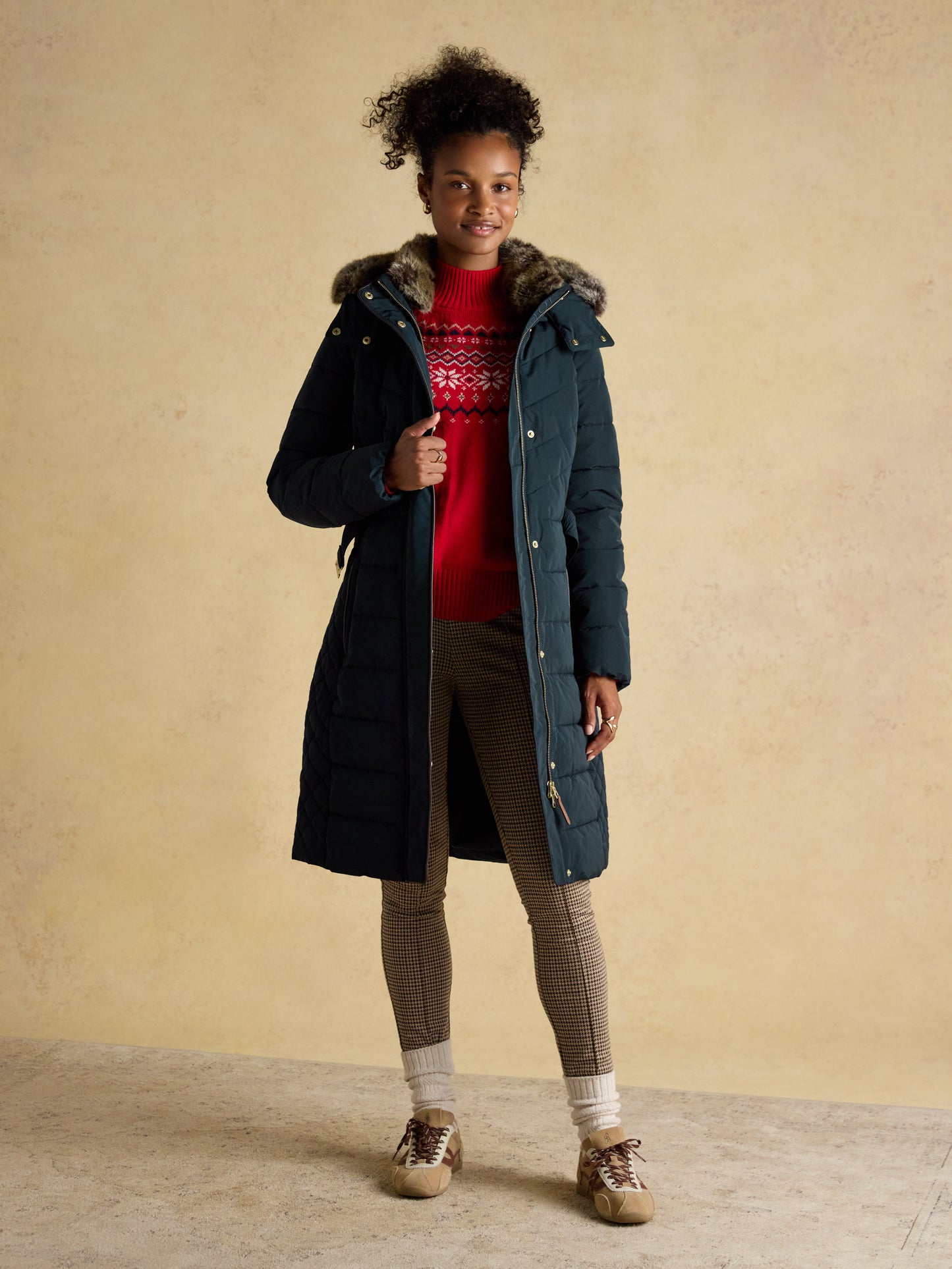 Joules Aspen Showerproof Longline Padded Coat Faux Fur Hood