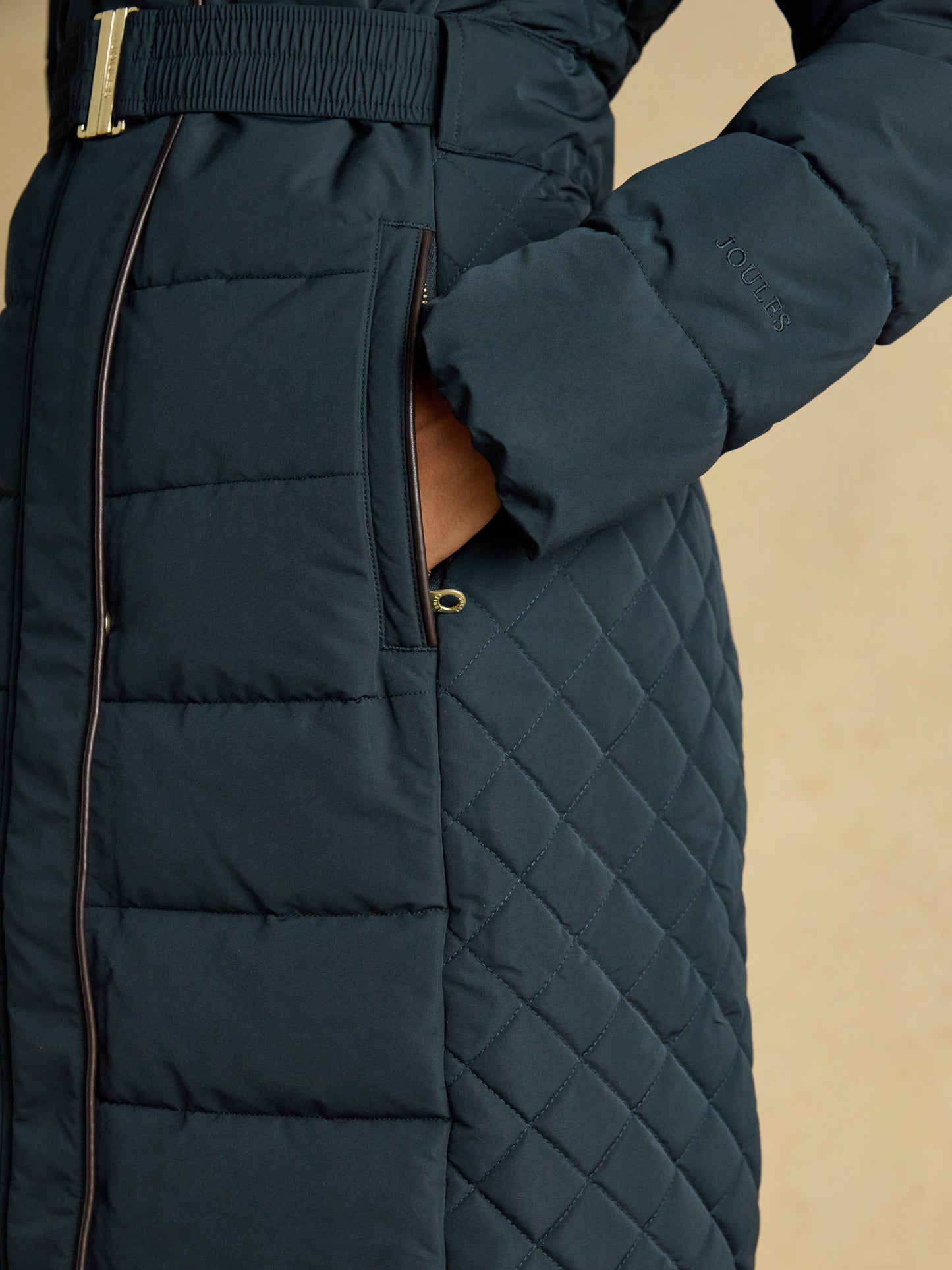 Joules Aspen Showerproof Longline Padded Coat Faux Fur Hood