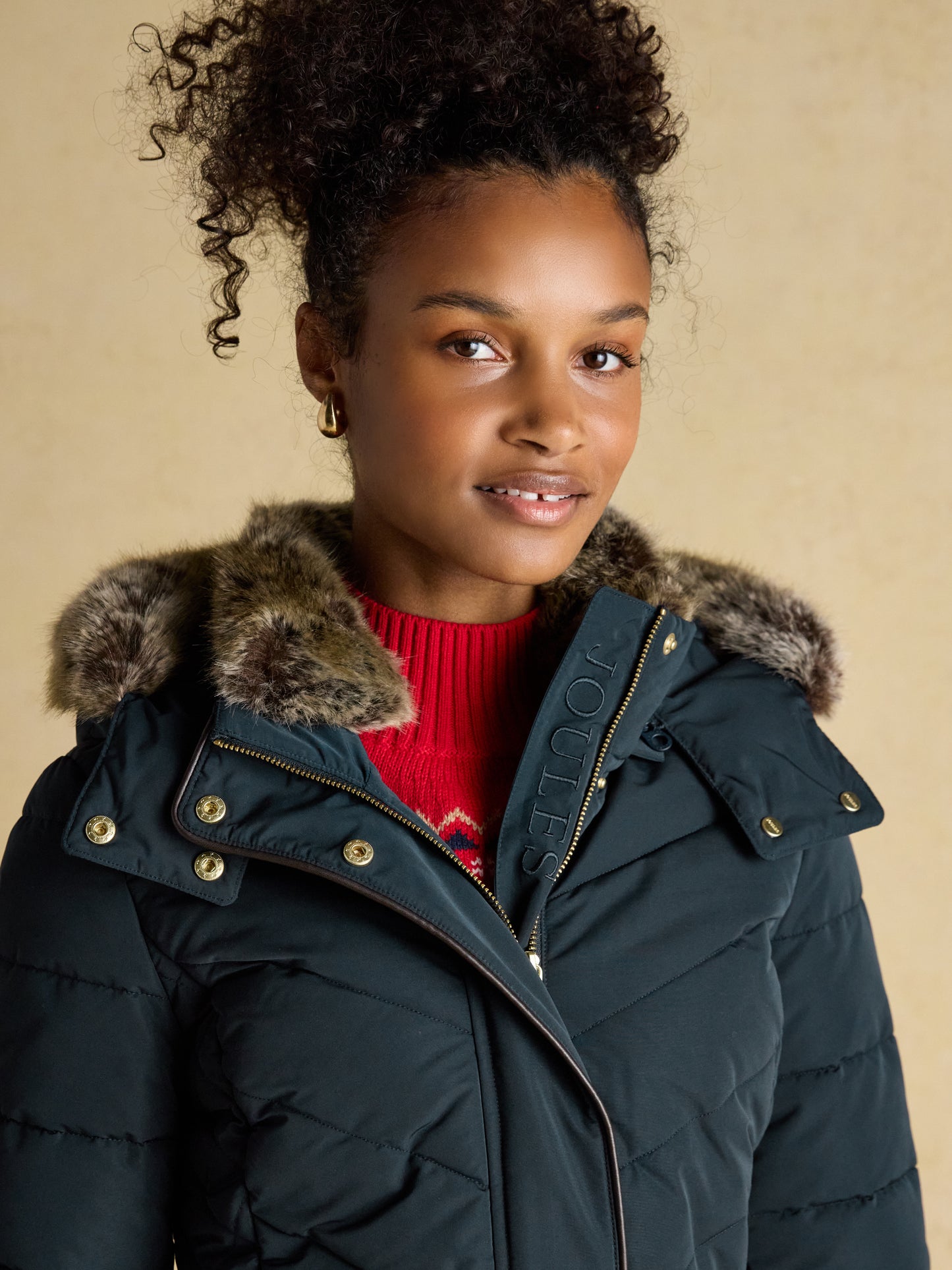 Joules Aspen Showerproof Longline Padded Coat Faux Fur Hood