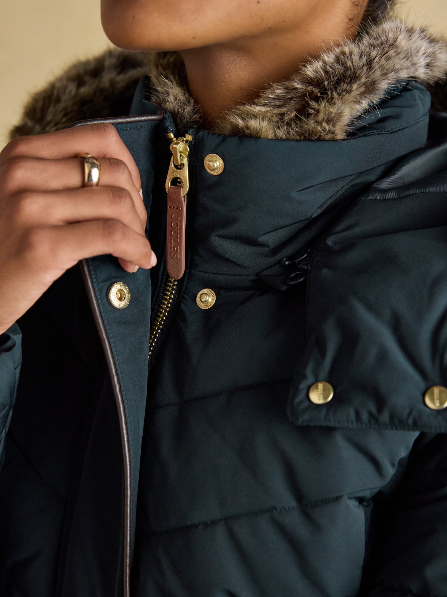 Joules Aspen Showerproof Longline Padded Coat Faux Fur Hood