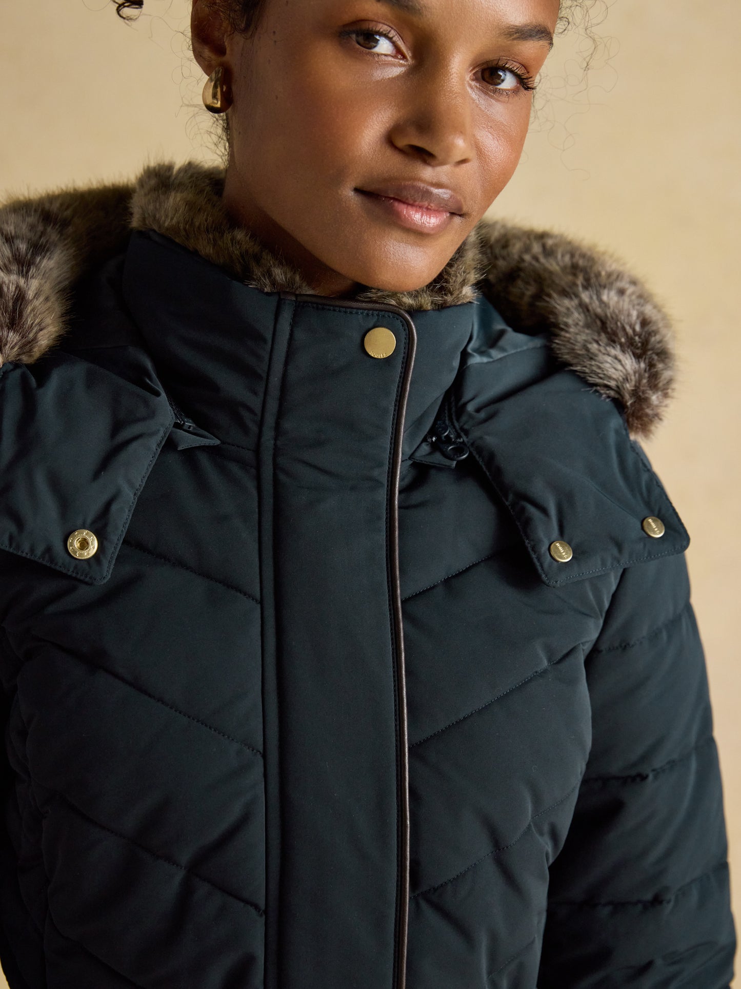 Joules Aspen Showerproof Longline Padded Coat Faux Fur Hood