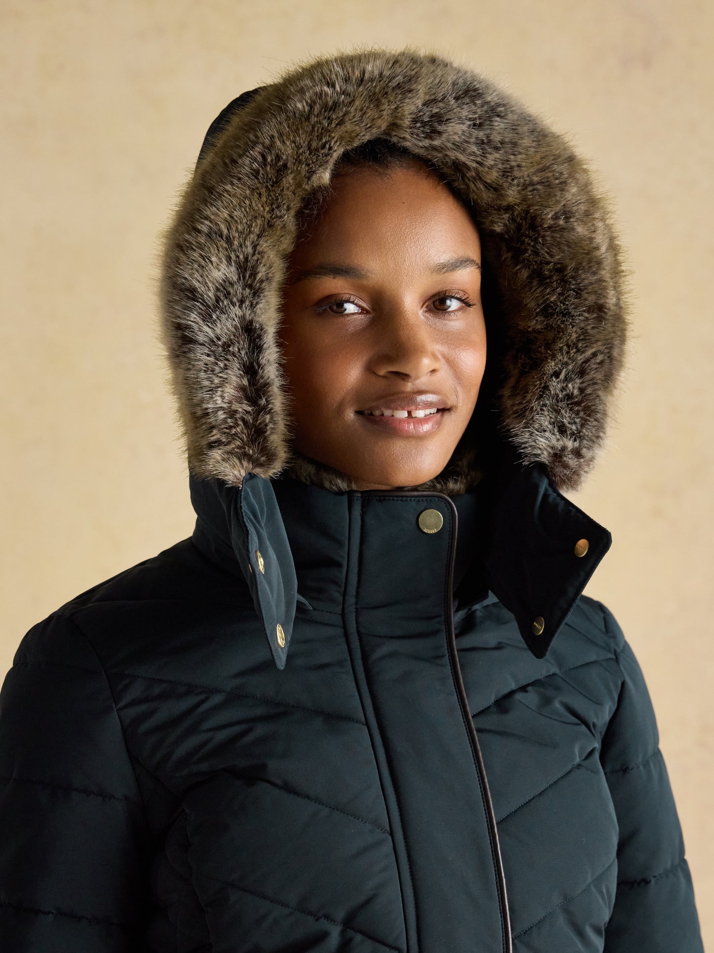 Joules Aspen Showerproof Longline Padded Coat Faux Fur Hood