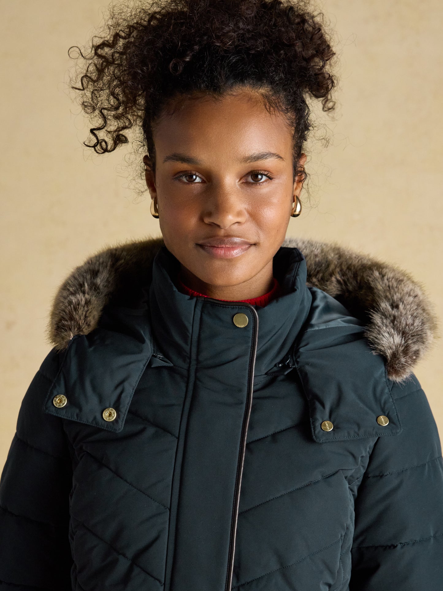 Joules Aspen Showerproof Longline Padded Coat Faux Fur Hood