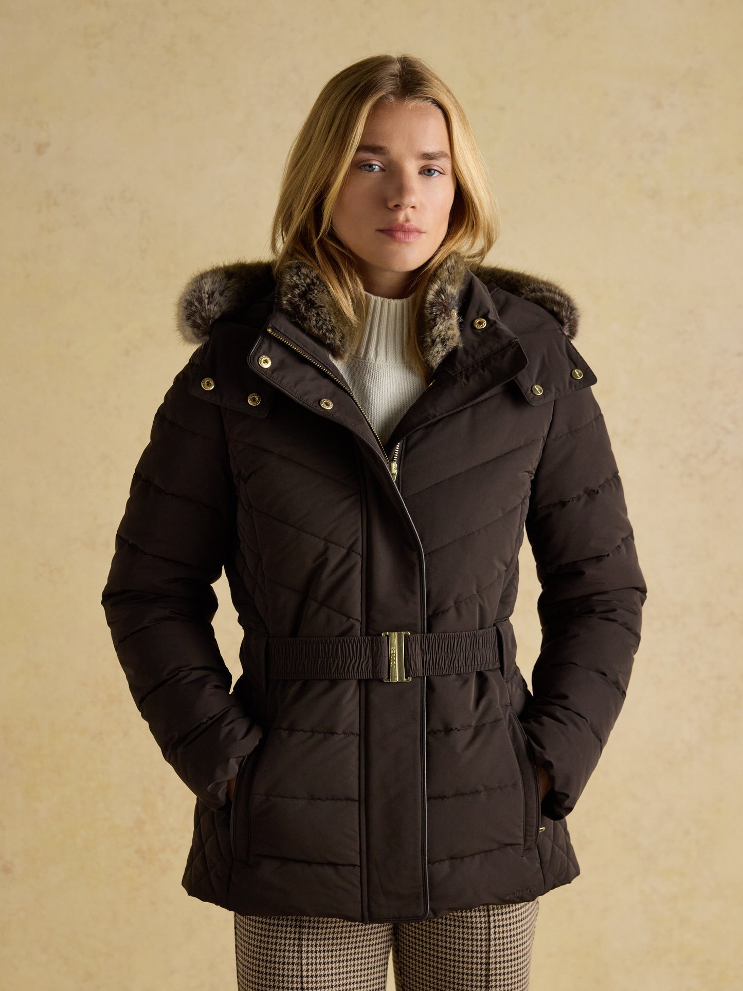 Joules Aspen Showerproof Padded Jacket with Faux Fur Hood