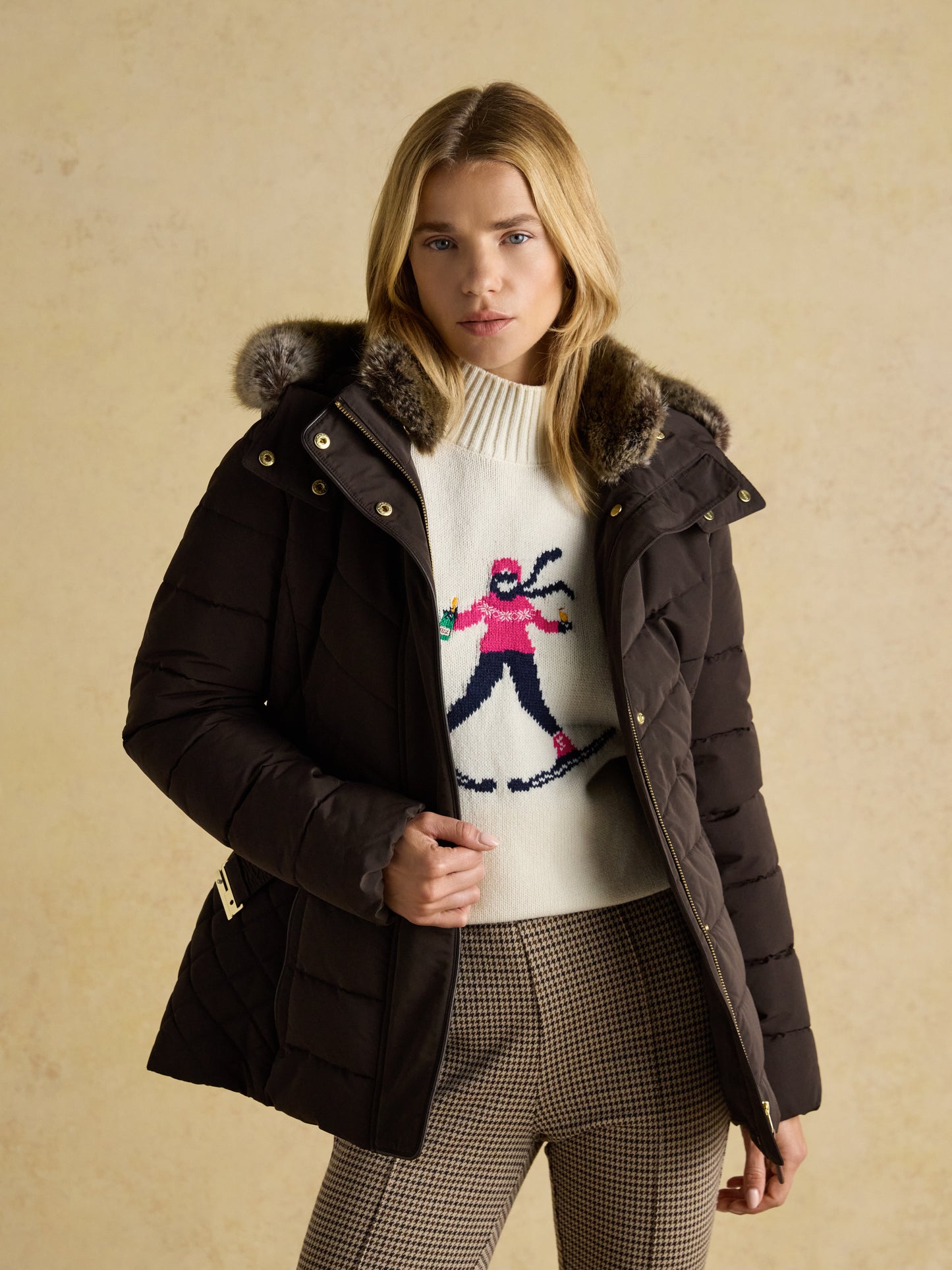 Joules Aspen Showerproof Padded Jacket with Faux Fur Hood