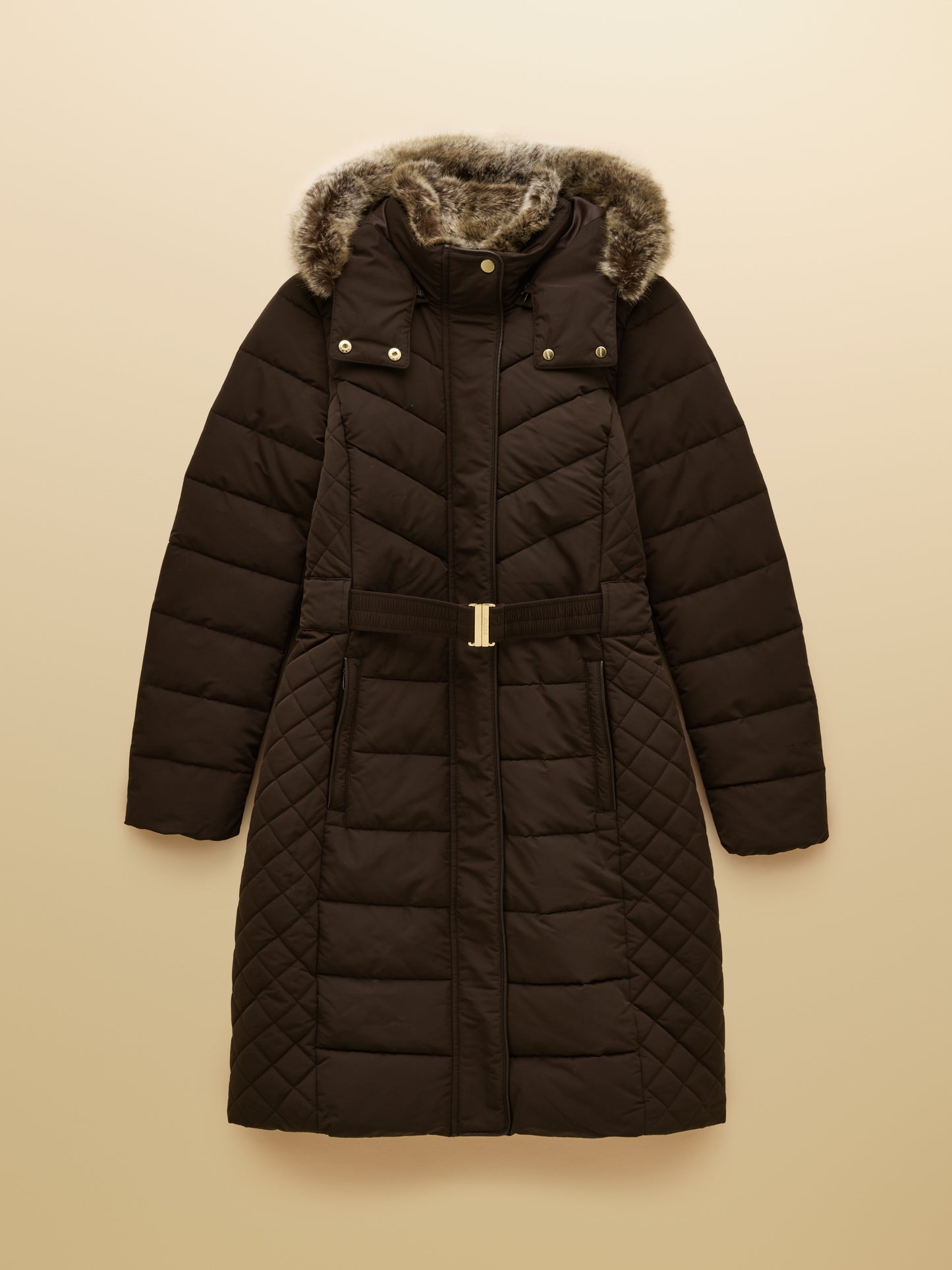 Joules Aspen Showerproof Longline Padded Coat Faux Fur Hood