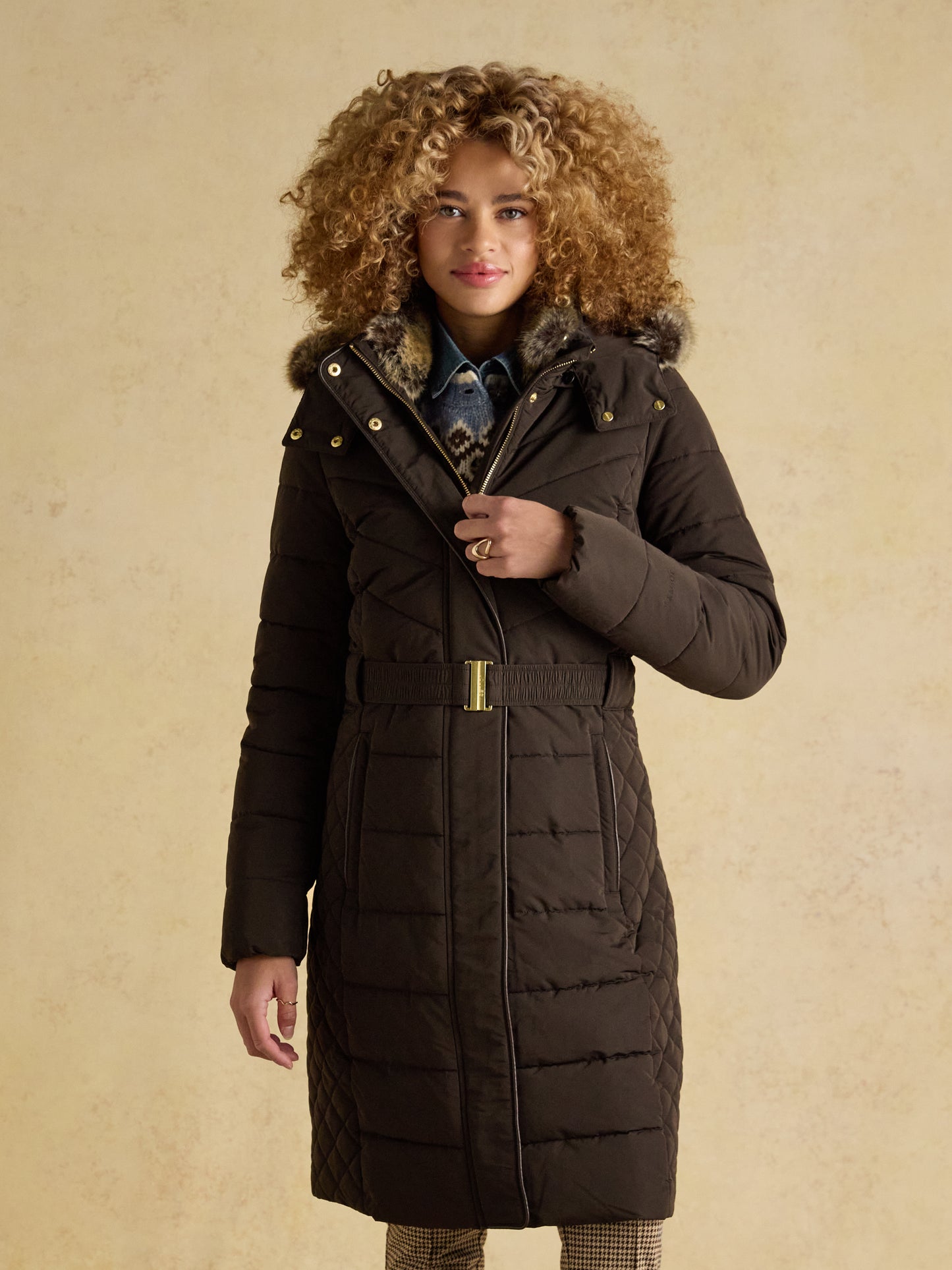 Joules Aspen Showerproof Longline Padded Coat Faux Fur Hood