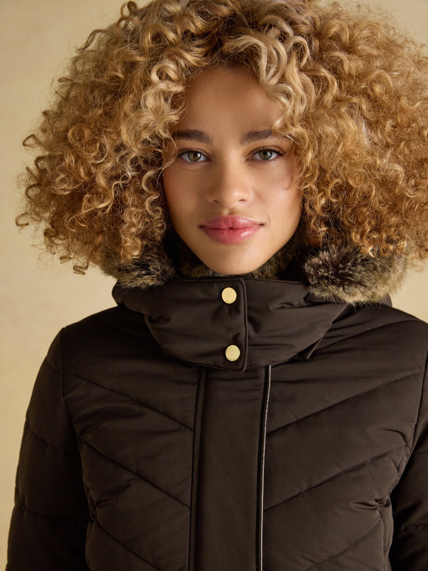 Joules Aspen Showerproof Longline Padded Coat Faux Fur Hood