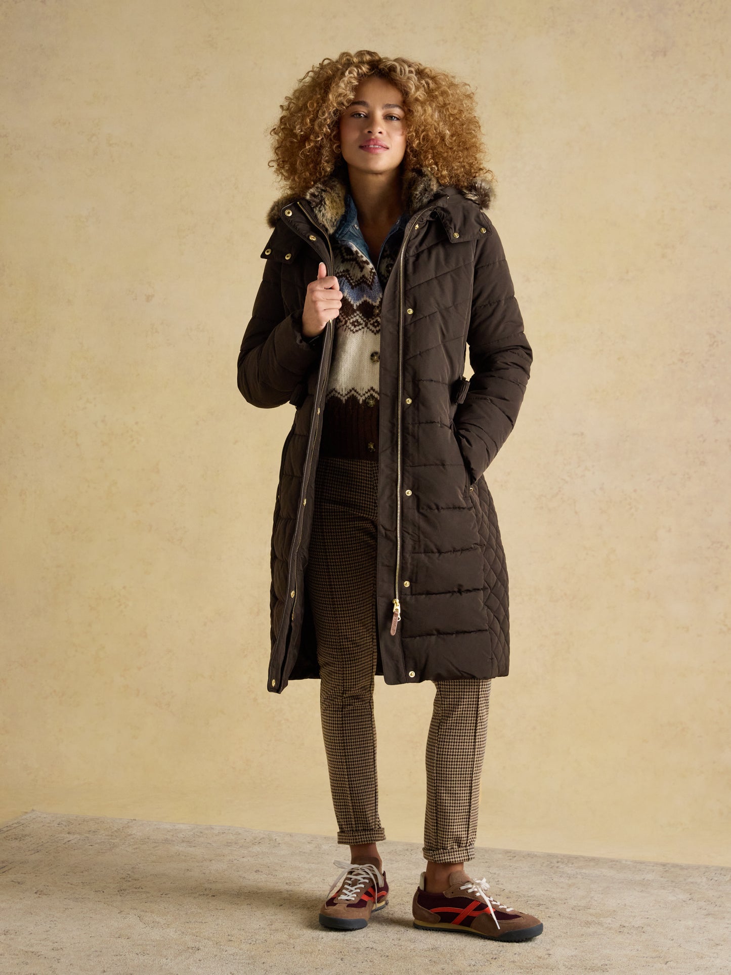 Joules Aspen Showerproof Longline Padded Coat Faux Fur Hood