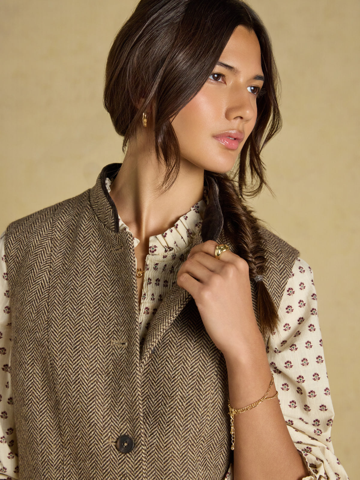 Joules Womens Tweed Wool Blend Nehru Collar Gilet