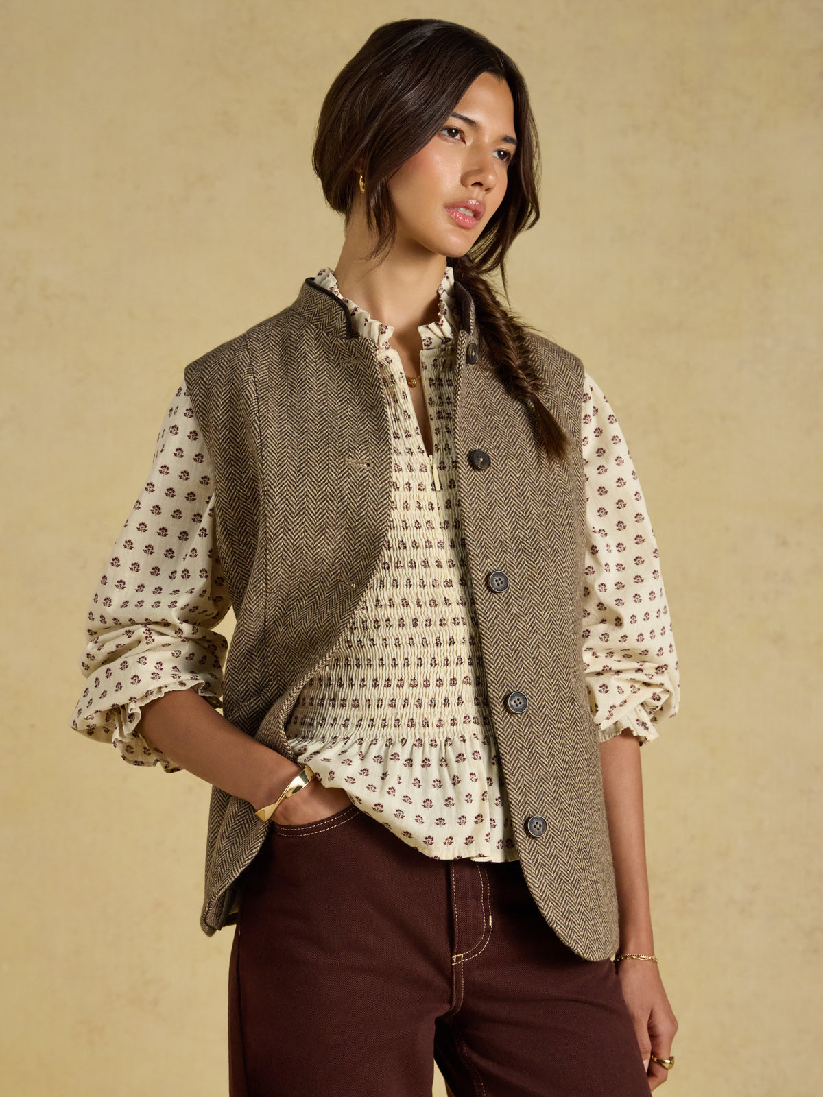 Joules Womens Tweed Wool Blend Nehru Collar Gilet