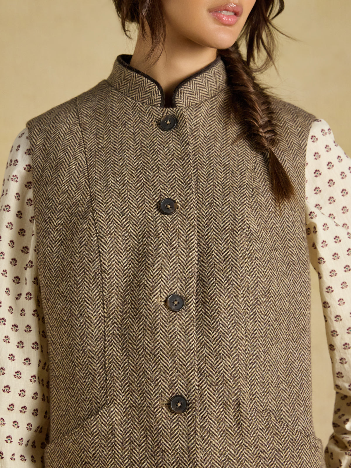 Joules Womens Tweed Wool Blend Nehru Collar Gilet