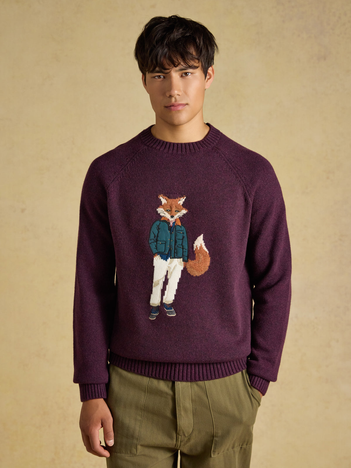 Joules Jonty Fox Crew Neck Knitted Jumper with woven chest artwork and ribbed trims.