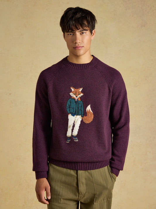 Joules Jonty Fox Crew Neck Knitted Jumper with woven chest artwork and ribbed trims.