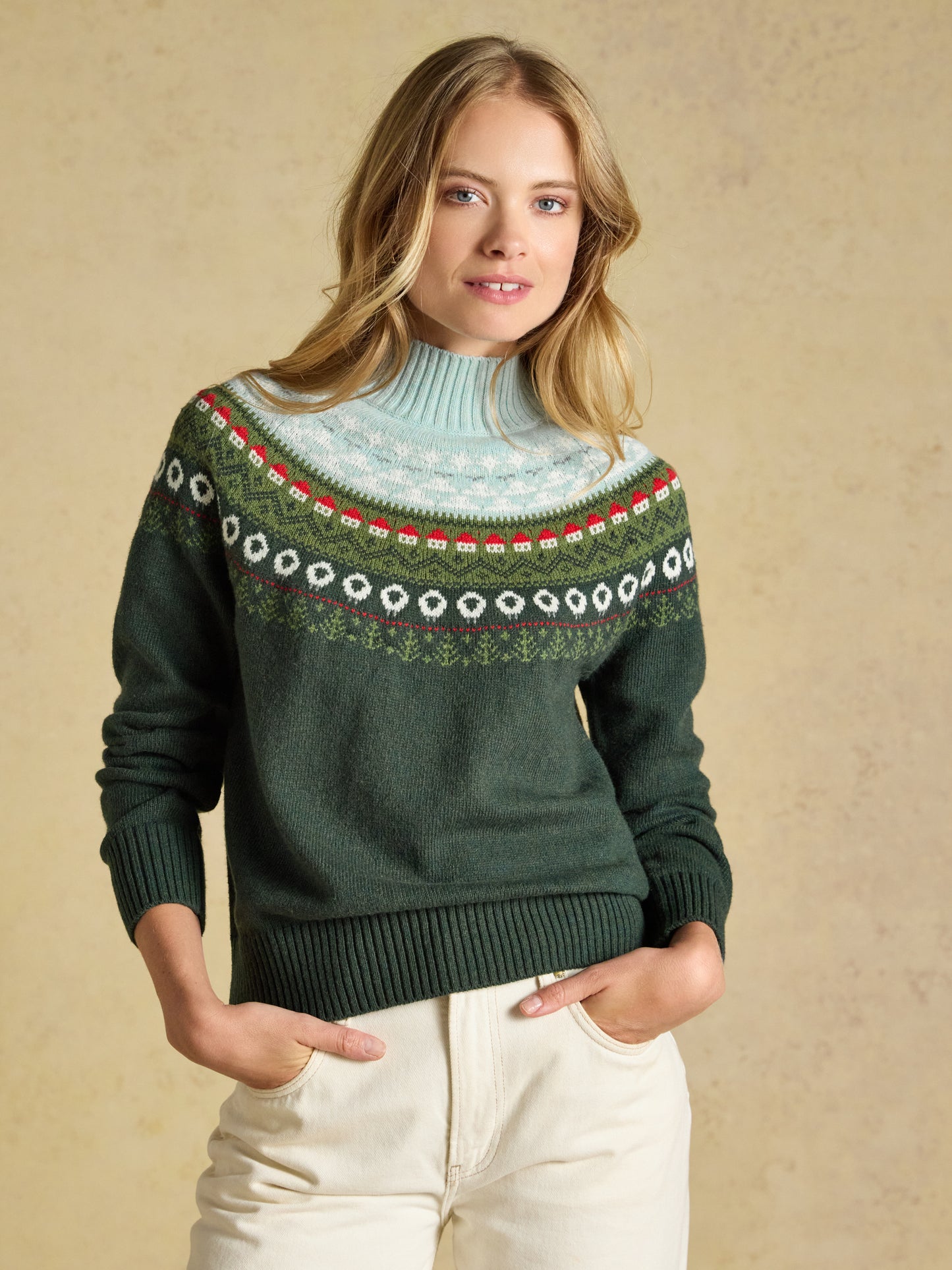 Woman wearing Joules Landscape Pattern Cotton Blend Knitted Jumper with countryside sheep pattern