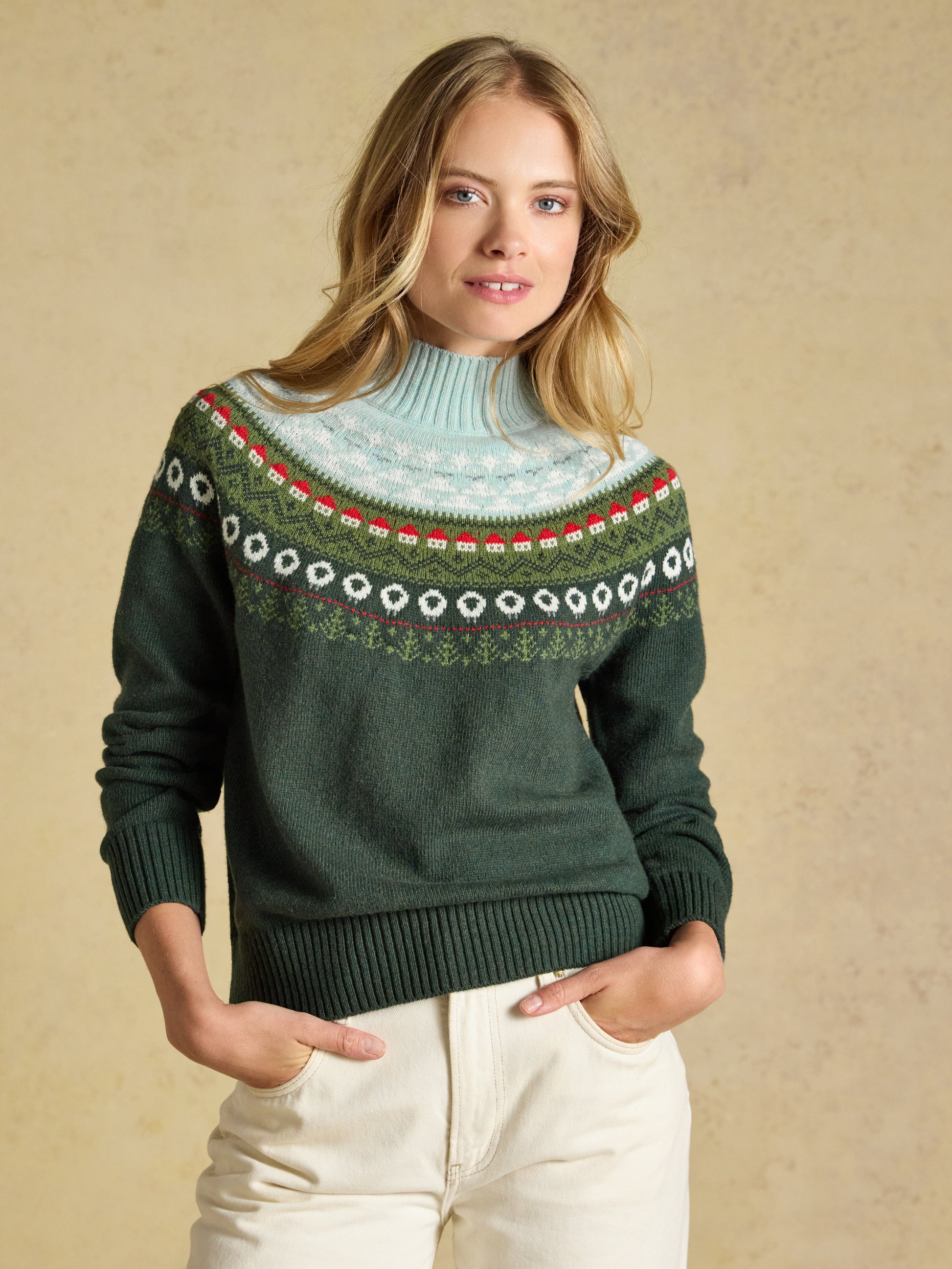 Woman wearing Joules Landscape Pattern Cotton Blend Knitted Jumper with countryside sheep pattern