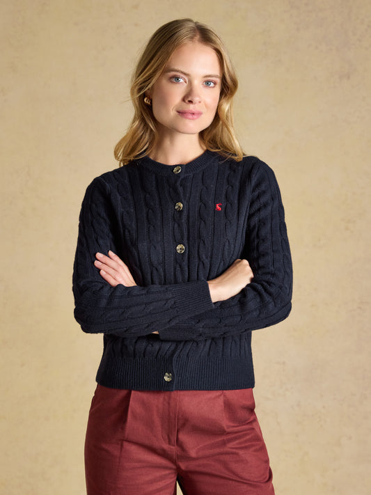 Joules women's chunky cable knit button up cardigan with crew neck and mock horn buttons.