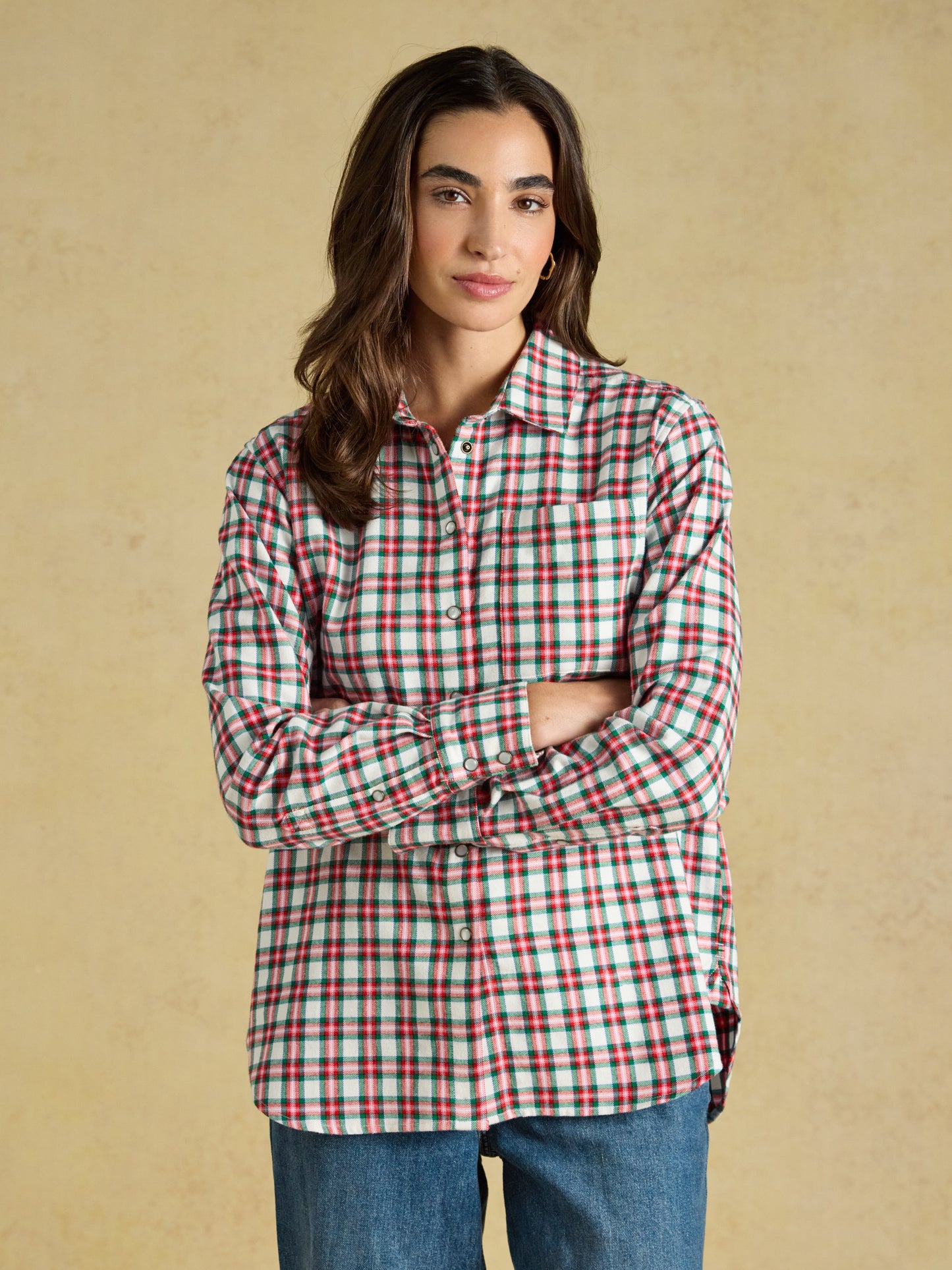 Joules brushed boyfriend fit cotton shirt with dropped shoulders and a full button front.