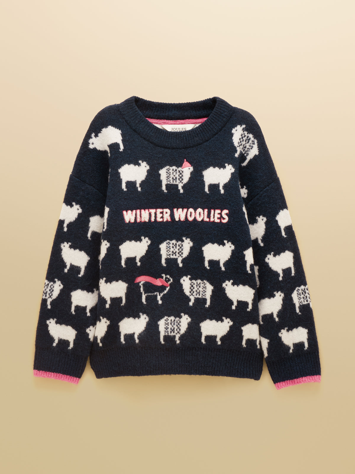 Joules Kids Woolies Crew Neck Knitted Jumper featuring sheep graphic on front with ribbed cuffs and collar