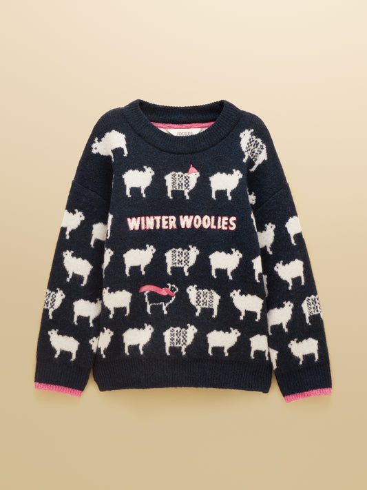 Joules Kids Woolies Crew Neck Knitted Jumper featuring sheep graphic on front with ribbed cuffs and collar