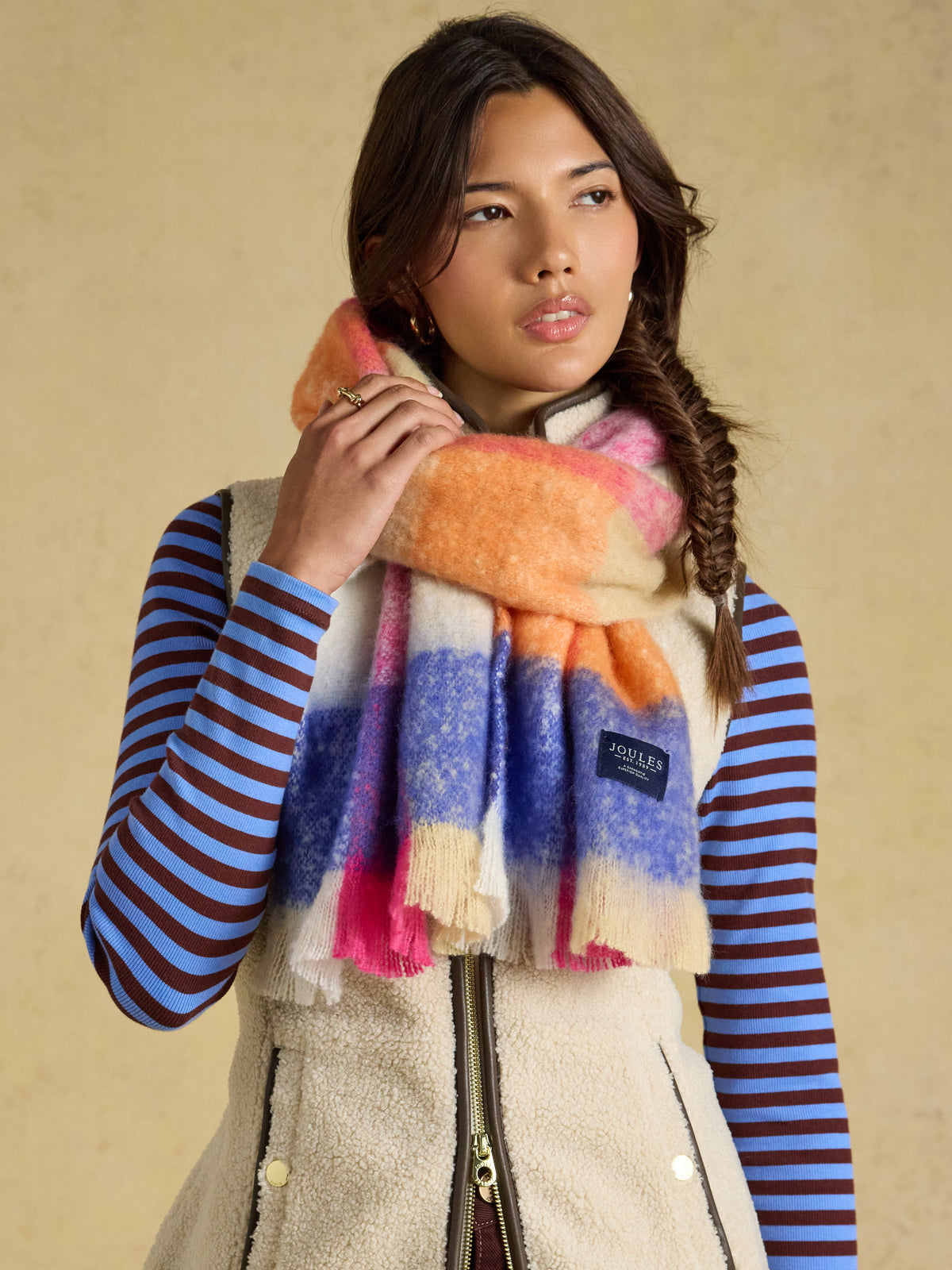 Joules Betsy brushed oversized scarf in bright gingham check with traditional twisted tassel edges.