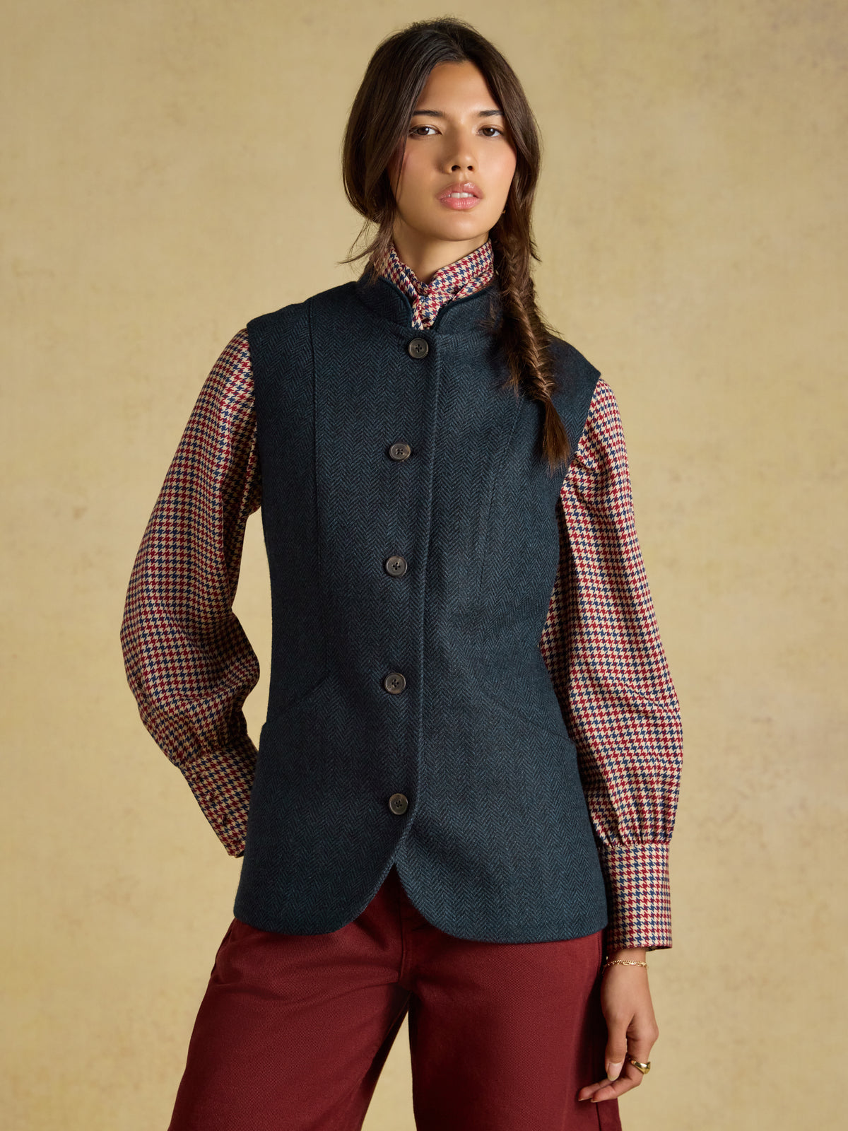 Joules Womens Tweed Wool Blend Nehru Collar Gilet