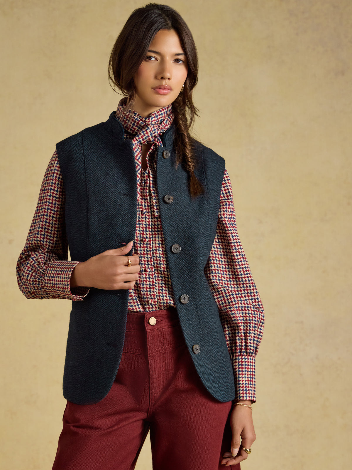 Joules Womens Tweed Wool Blend Nehru Collar Gilet
