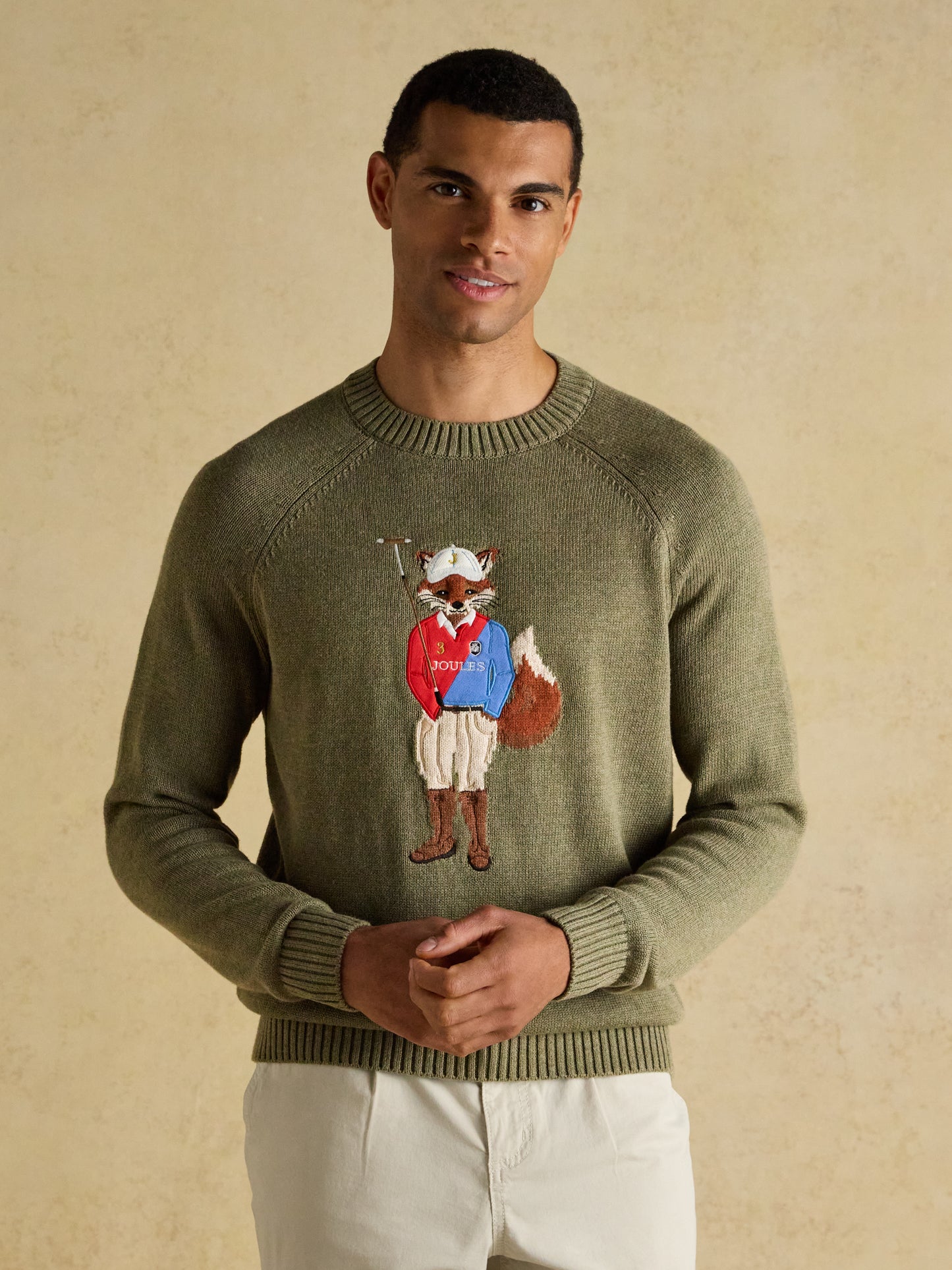 Joules Jonty Fox Crew Neck Knitted Jumper in Green