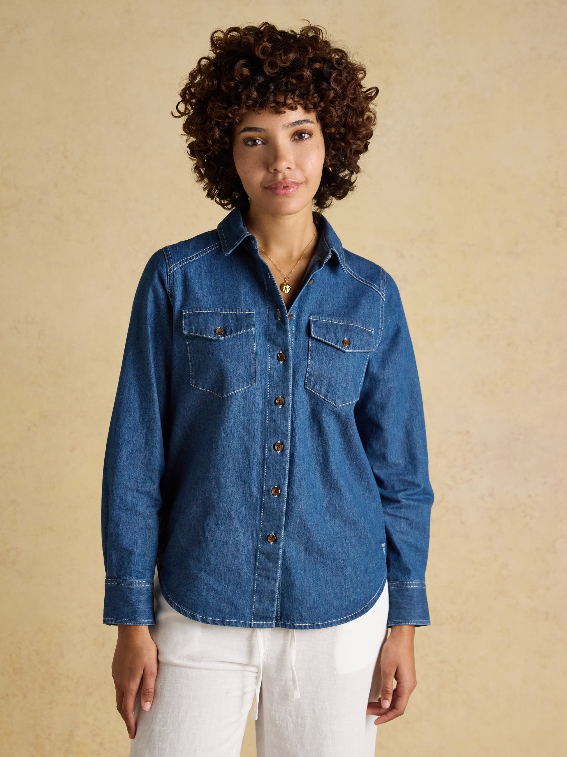 Joules Relaxed Fit Denim Shirt in Mid Wash Blue