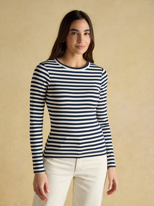 Joules Sophie Long Sleeve Ribbed Fitted Top in Navy Stripe
