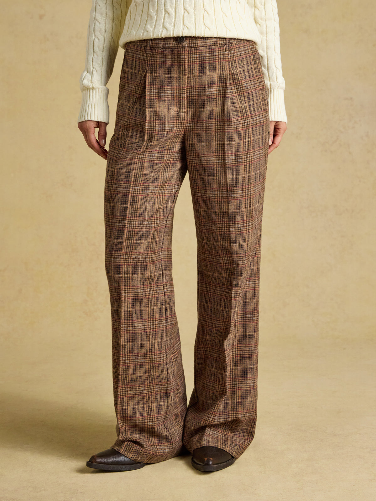Joules Foxley Wool Rich Wide Leg Tweed Trousers in heritage tweed showing tailored waistband and wide leg fit