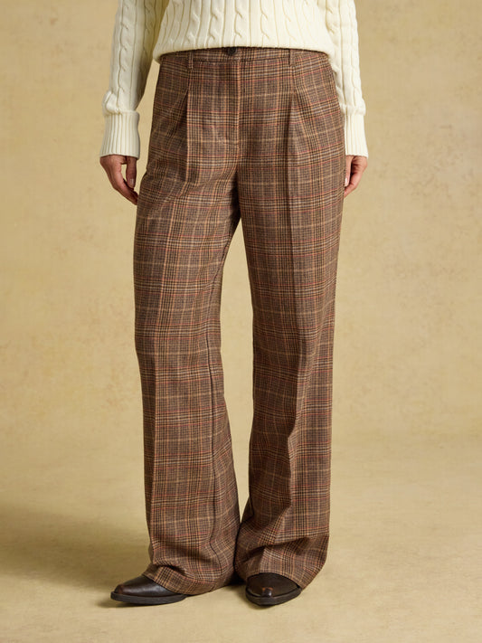 Joules Foxley Wool Rich Wide Leg Tweed Trousers in heritage tweed showing tailored waistband and wide leg fit