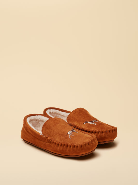 Joules Mens Embroidered Moccasin Slippers with soft faux-fur lining and front dog embroidery.