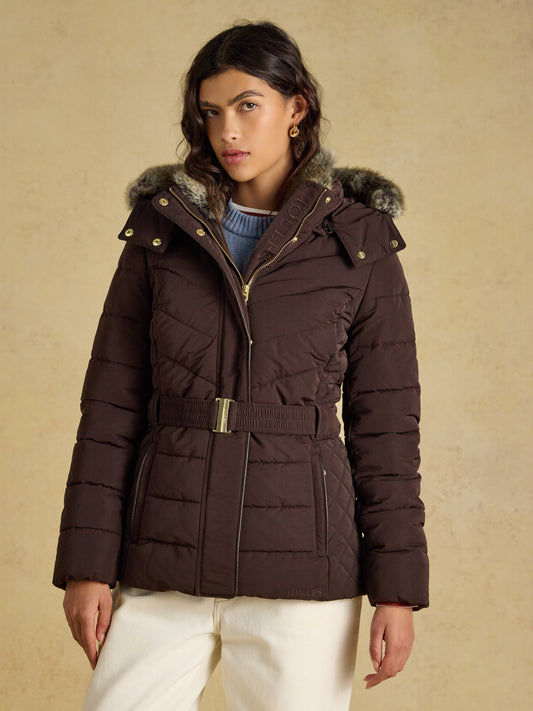 Joules Aspen Women's Showerproof Padded Coat with Faux Fur Hood