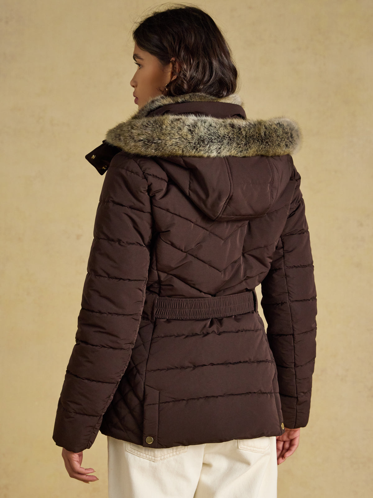 Joules Aspen Women's Showerproof Padded Coat with Faux Fur Hood