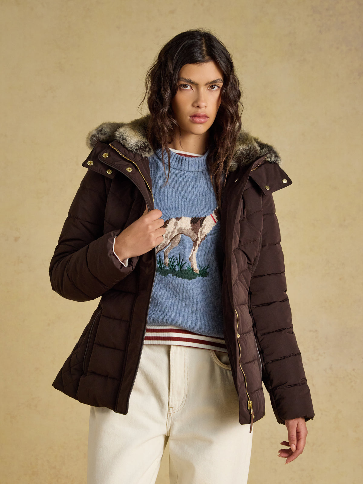 Joules Aspen Women's Showerproof Padded Coat with Faux Fur Hood