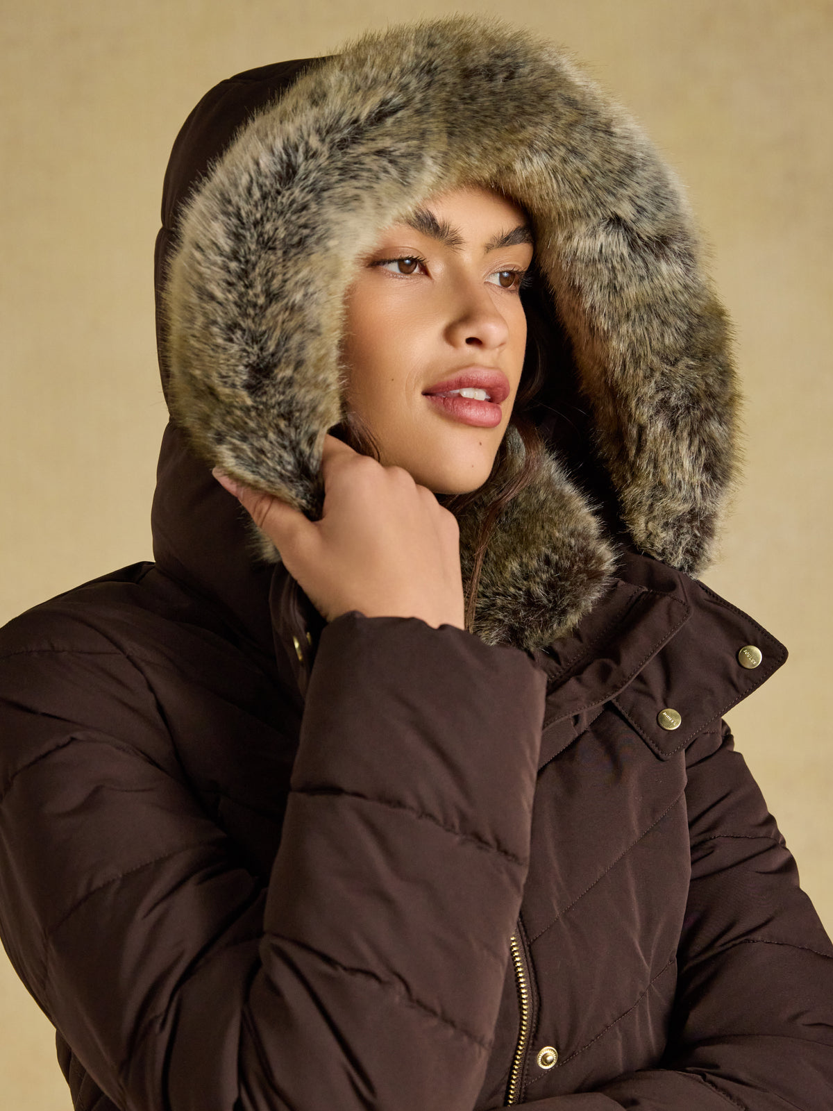 Joules Aspen Women's Showerproof Padded Coat with Faux Fur Hood