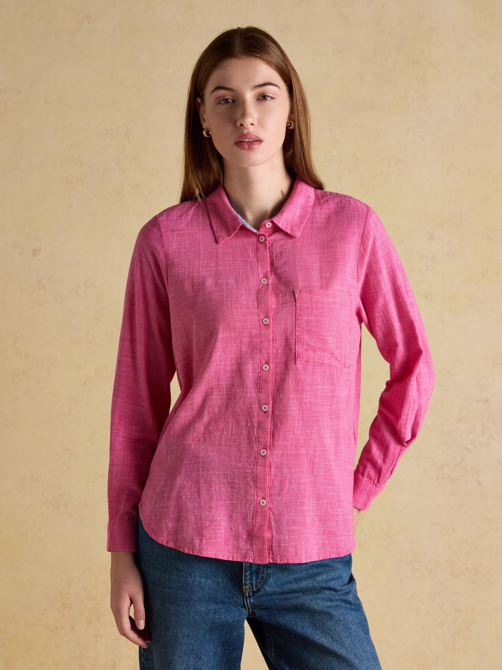 Joules Ida Puppytooth Long Sleeve Cotton Shirt in Pink