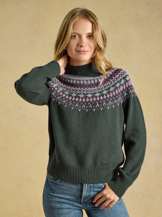 Joules Fair Isle High Neck Jumper in soft green knit with traditional patterned chest and high ribbed collar.