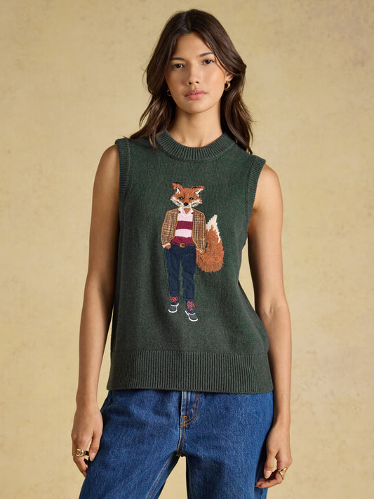 Joules Jonty Fox crew neck cotton blend knitted vest in a tailored fit featuring an intarsia fox design.