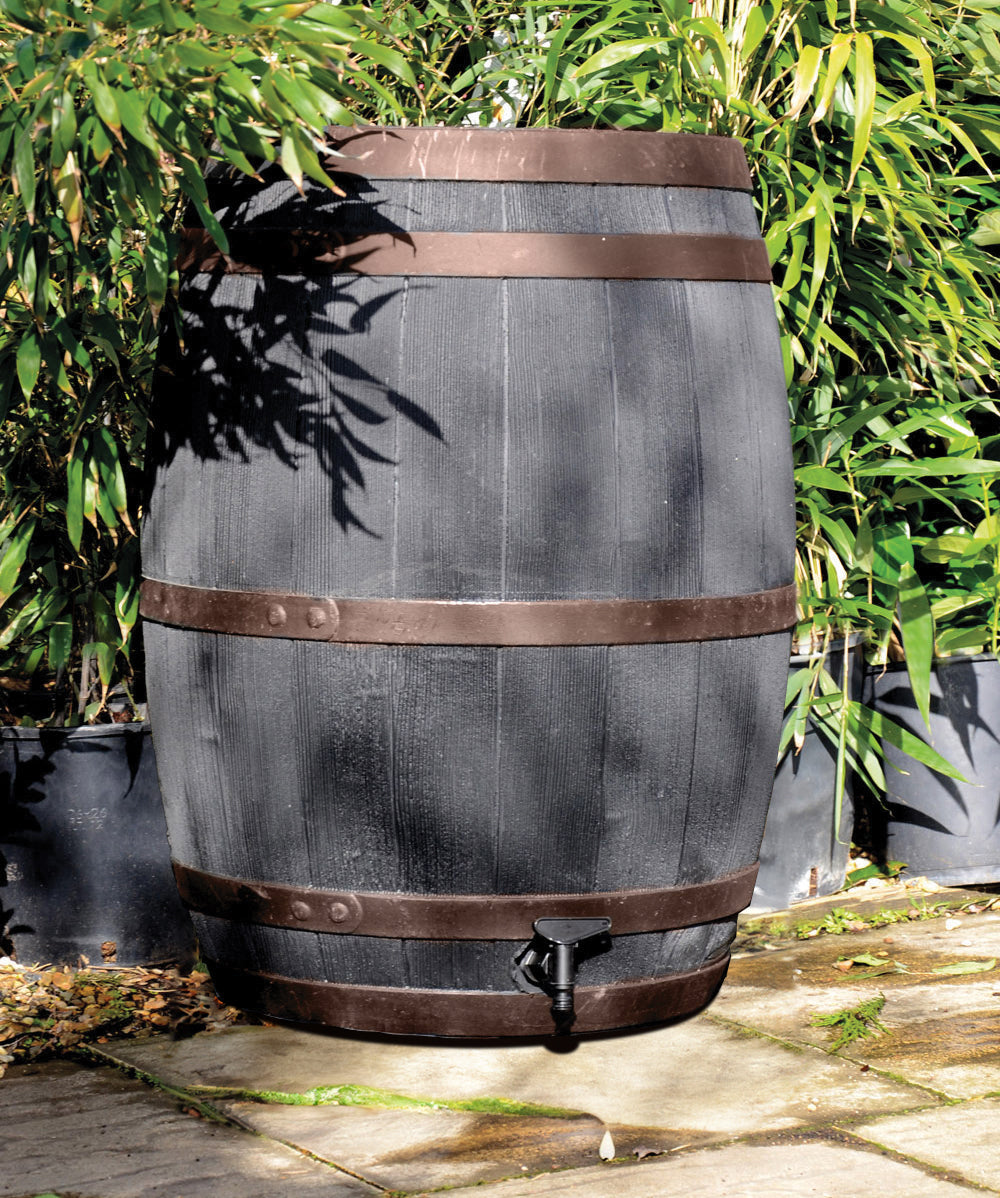 Stewart Oak Effect Plastic Water Butt Barrel with Copper Accents 235L