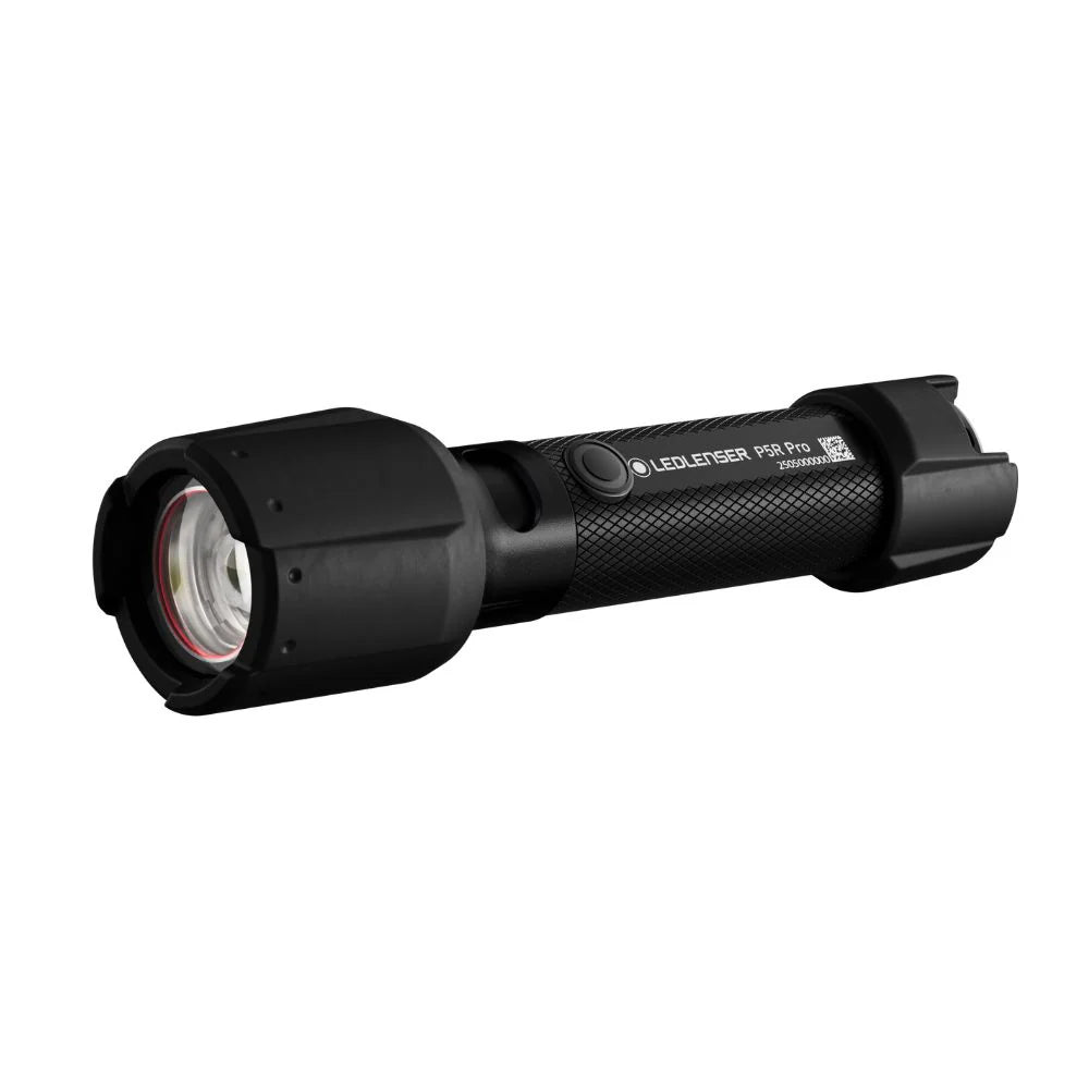 Ledlenser P5R compact rechargeable flashlight sitting on its magnetic charging cradle