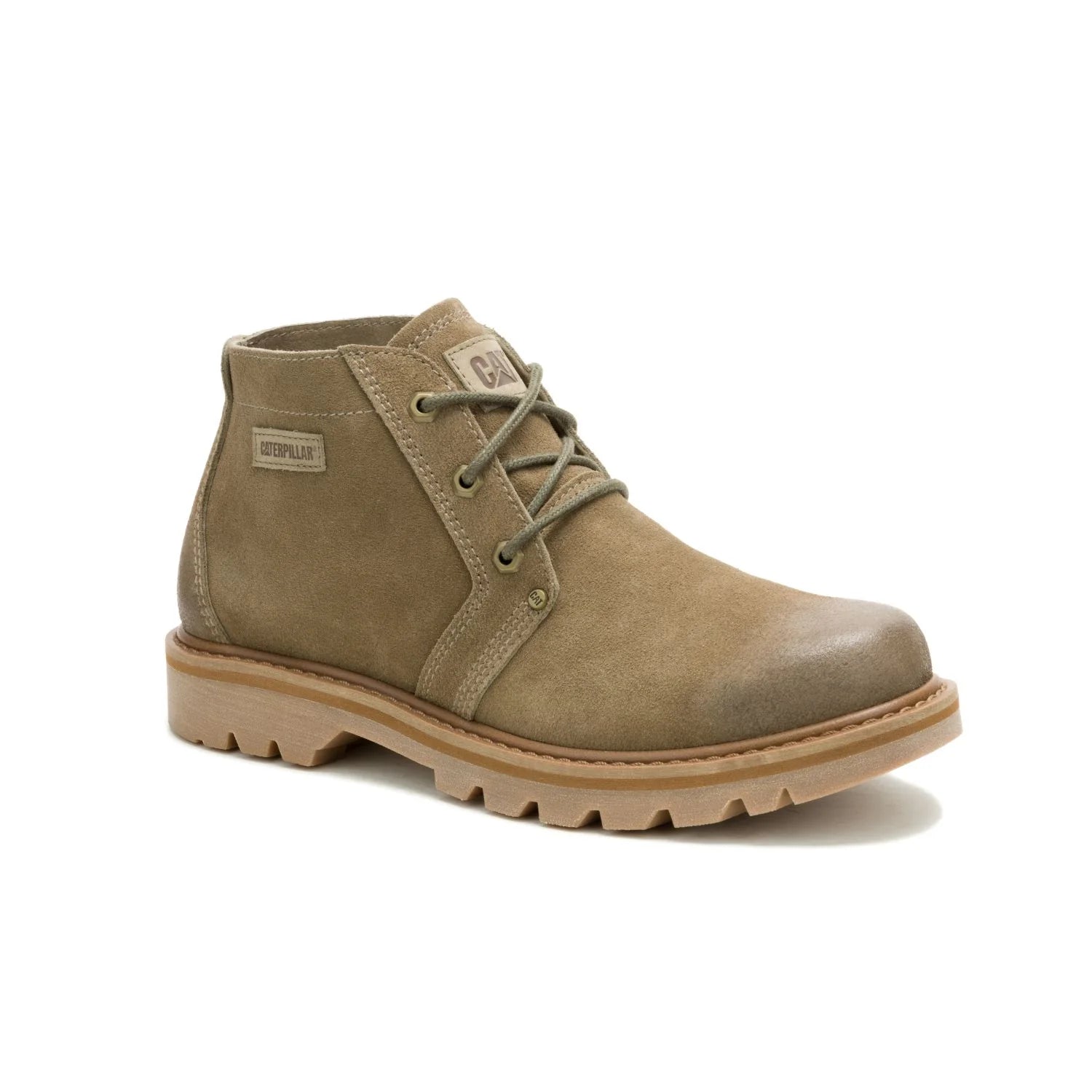 Side view of Caterpillar Men's Grader Suede Chukka Boots in warm syrup brown, featuring a durable rubber outsole and lace-up design.